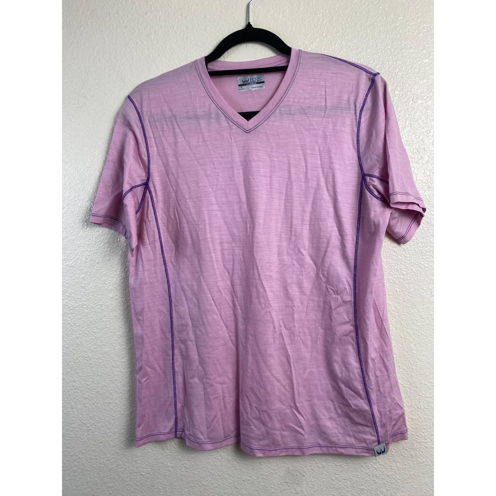 Wilss Merino Wool Womens Baselayer Top size XL Pink Short Sleeves V-Neck Outdoor
